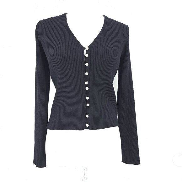 Line and Dot Y2K Black Ribbed Knit VNeck Cardigan Sweater Pearl Women Size Mediu - Picture 2 of 7